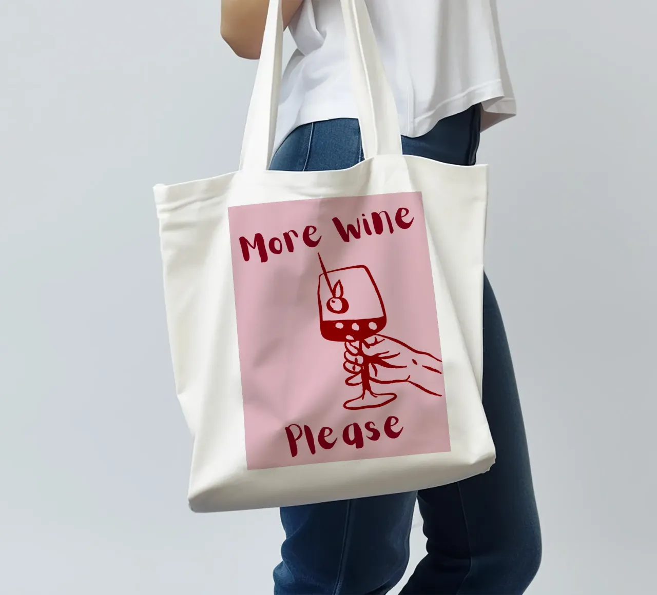 More Wine Please Illustrazione minimale in rosso e rosa borsa in juta da The Art Club