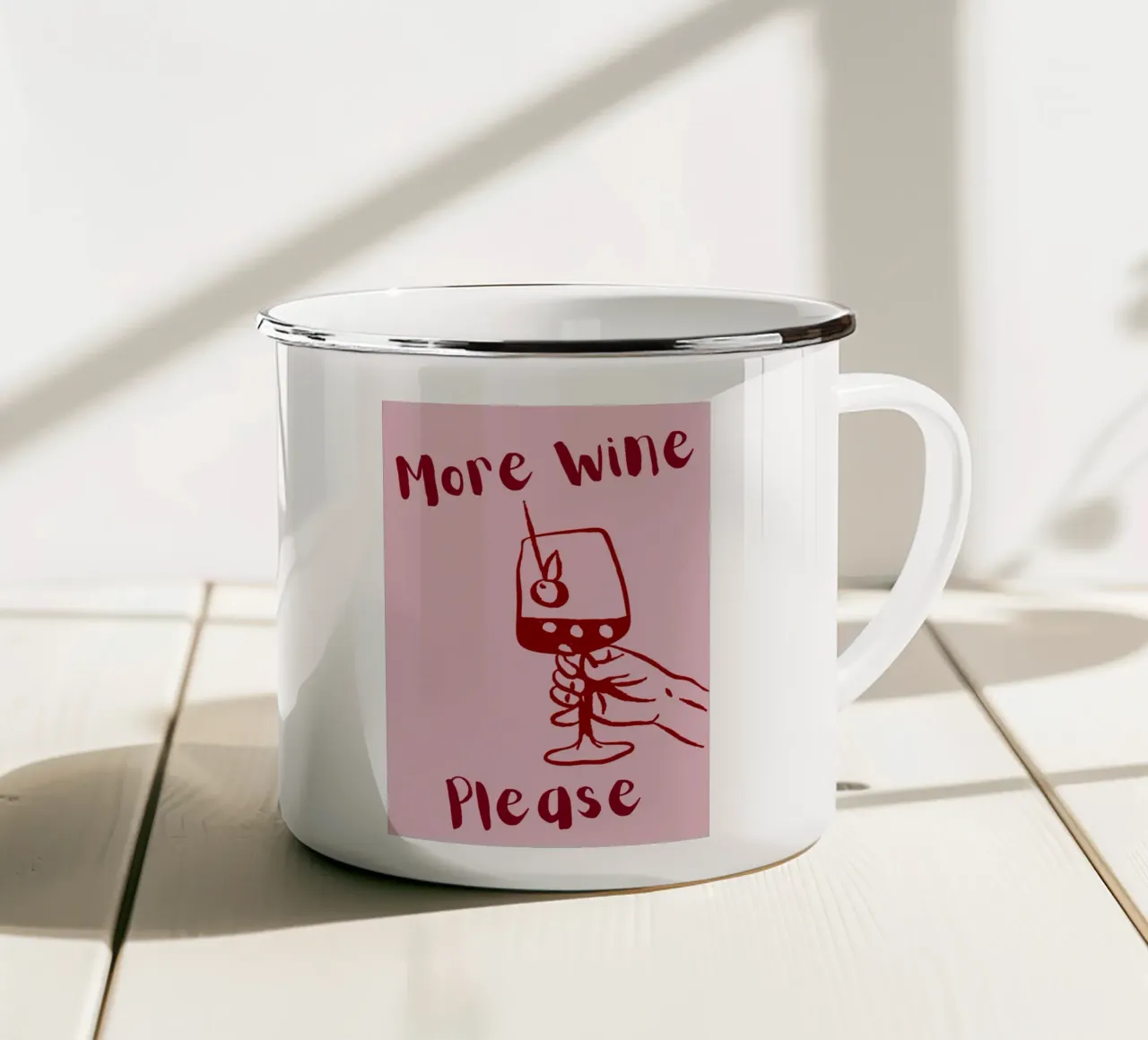 More Wine Please Illustrazione minimale in rosso e rosa tazza in smalto da The Art Club