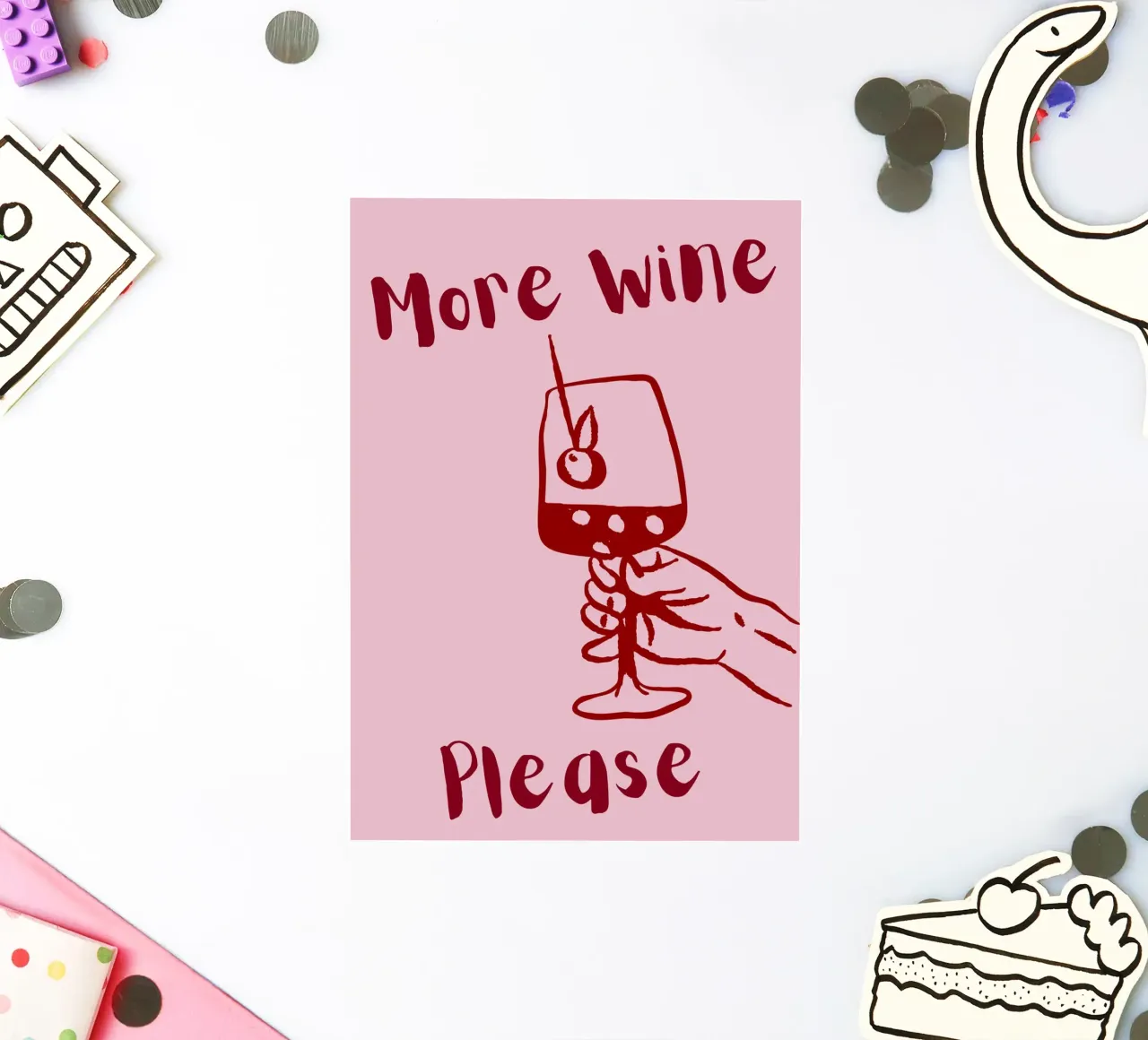 More Wine Please Illustrazione minimale in rosso e rosa adesivo da The Art Club