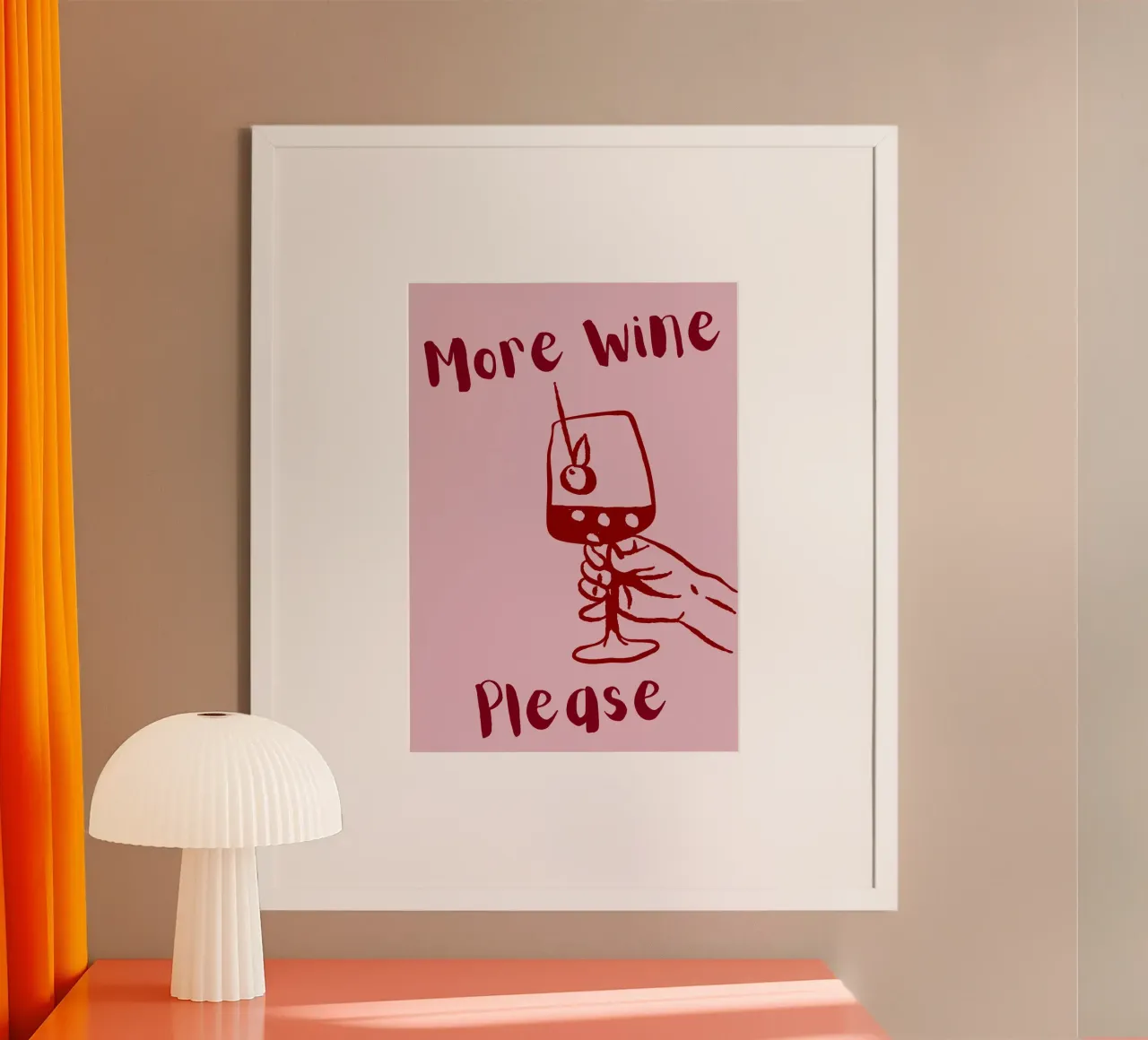 More Wine Please Illustrazione minimale in rosso e rosa poster da The Art Club