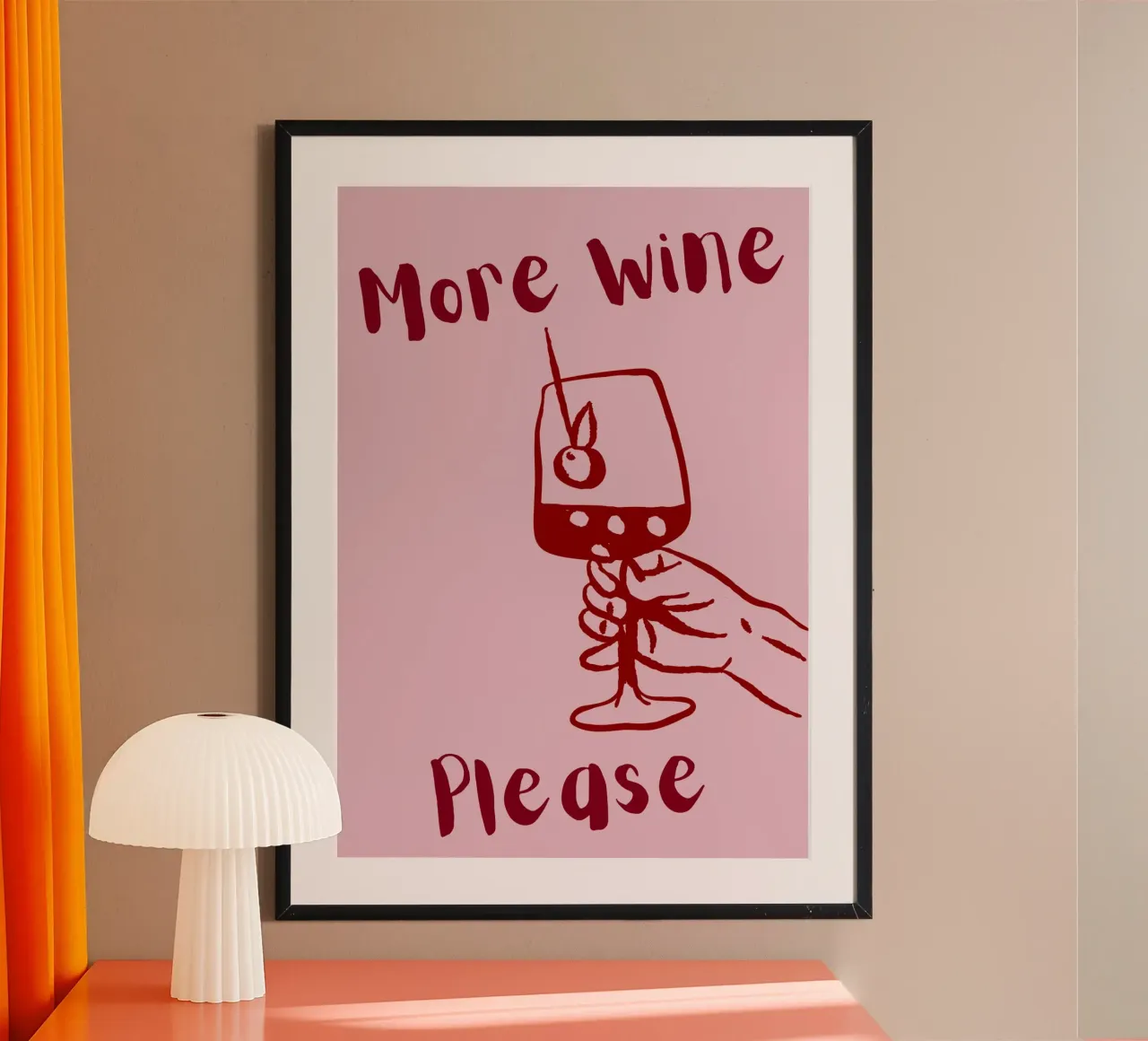 More Wine Please Illustrazione minimale in rosso e rosa poster da The Art Club