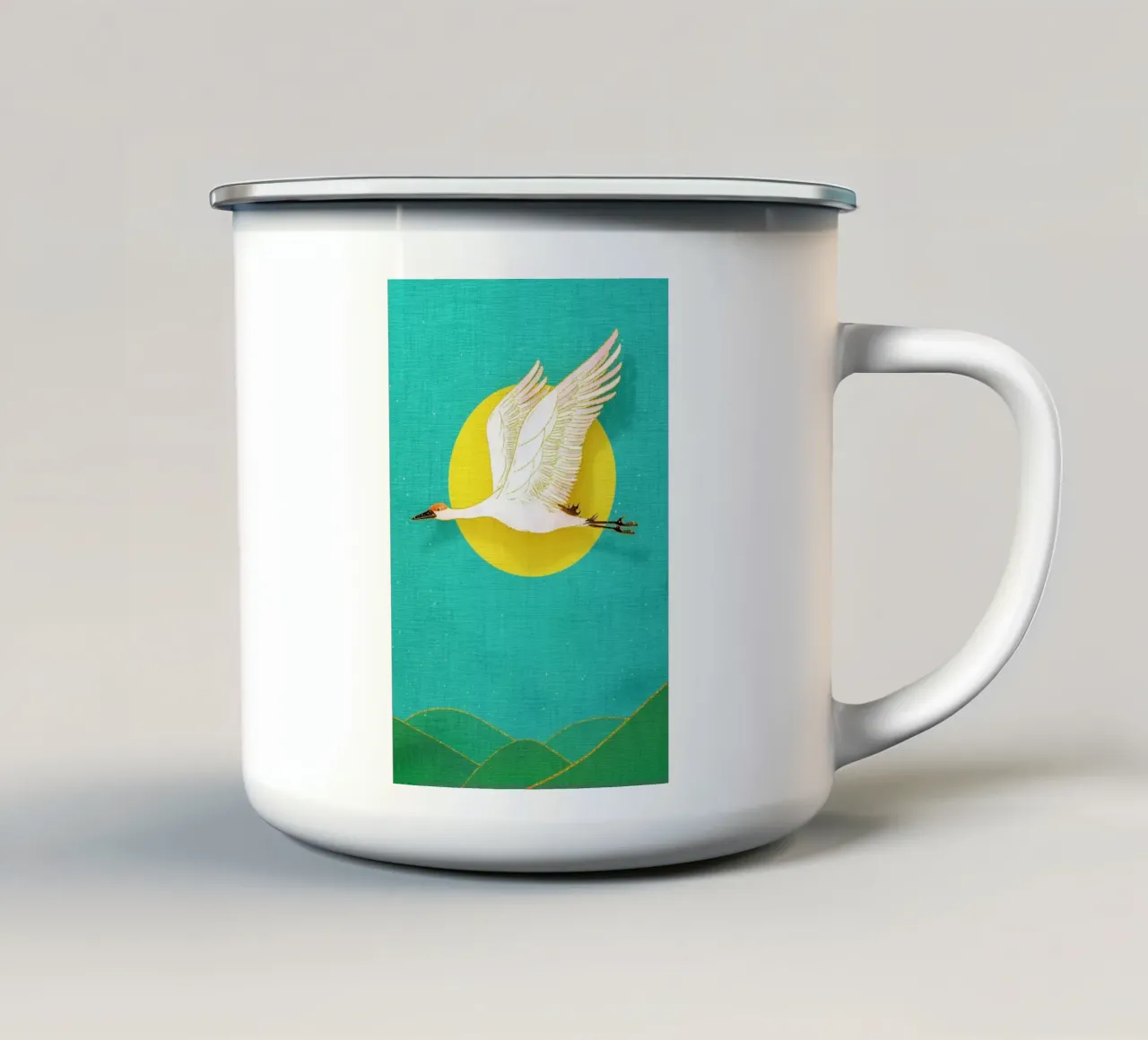 stork flies across sun tazza in smalto da scoten