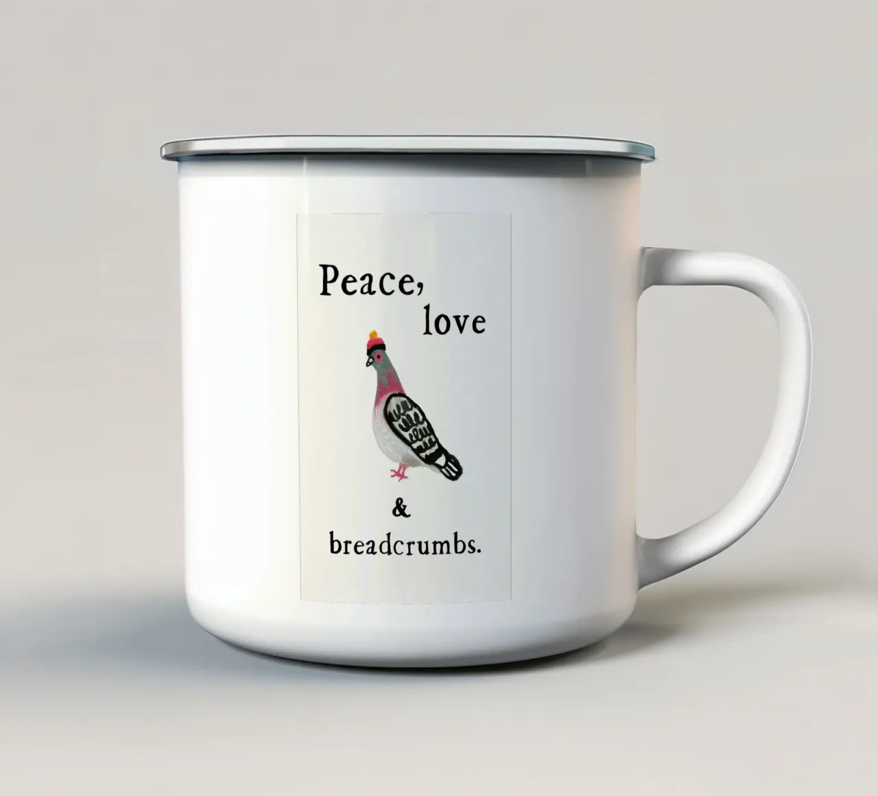 Dove Love - Pace, amore e briciole di pane tazza in smalto da Studio Mooodz