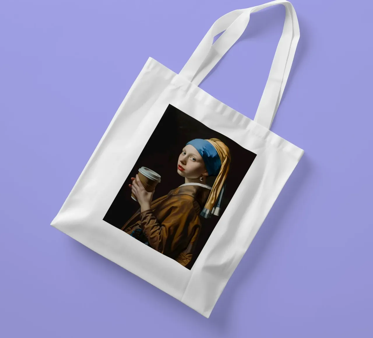 Pausa caffè per la ragazza con l'orecchino di perla borsa in juta da Autofocus