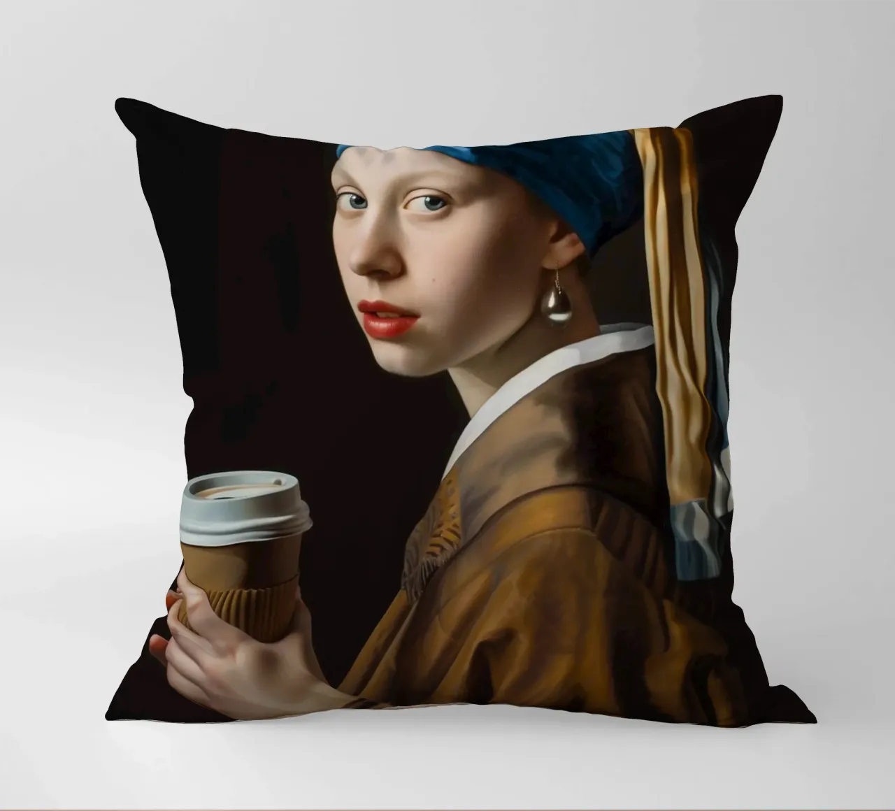 Pausa caffè per la ragazza con l'orecchino di perla cuscino da Autofocus