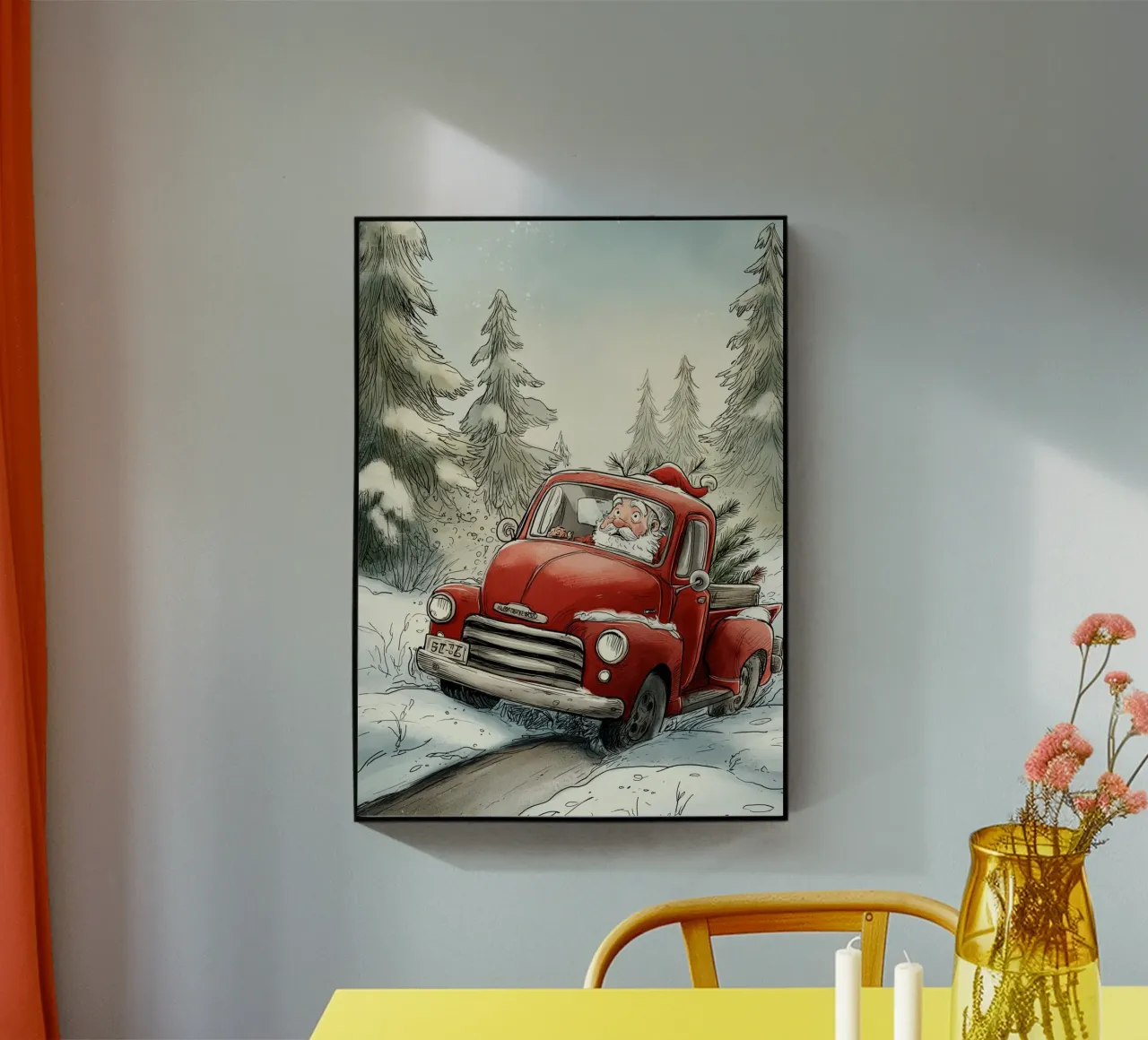 Babbo Natale alla guida di un camion rosso d'epoca in una foresta innevata Stampa natalizia plexiglass da postaprinta