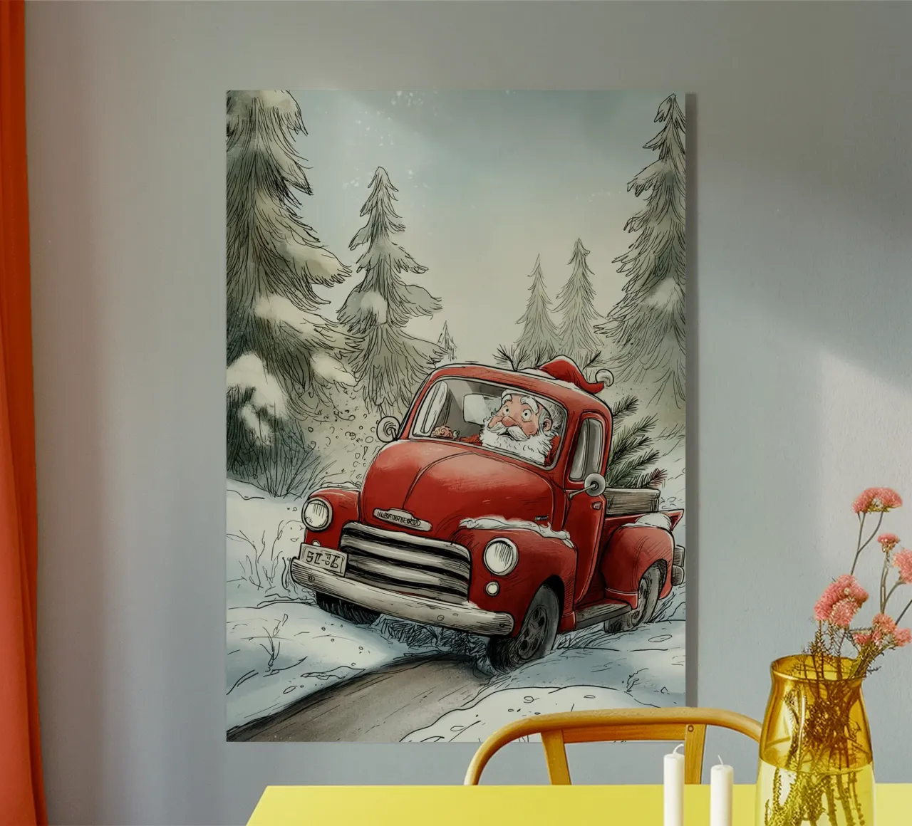 Babbo Natale alla guida di un camion rosso d'epoca in una foresta innevata Stampa natalizia plexiglass da postaprinta