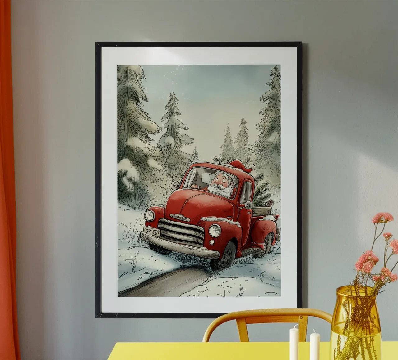 Babbo Natale alla guida di un camion rosso d'epoca in una foresta innevata Stampa natalizia carta hahnemühle da postaprinta