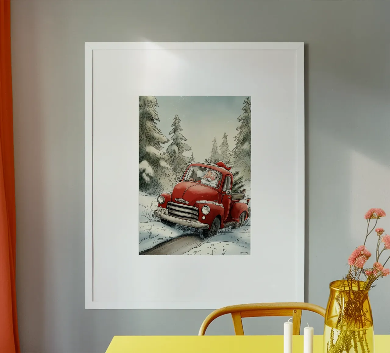 Babbo Natale alla guida di un camion rosso d'epoca in una foresta innevata Stampa natalizia carta hahnemühle da postaprinta