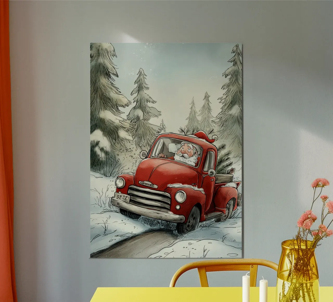 Babbo Natale alla guida di un camion rosso d'epoca in una foresta innevata Stampa natalizia carta hahnemühle da postaprinta