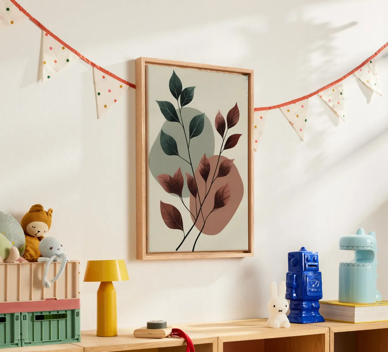 Terracotta en groene abstracte bladprint canvas van Bloom And Brush