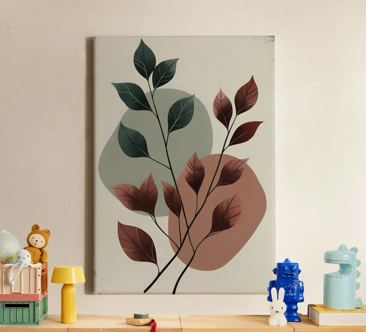 Terracotta en groene abstracte bladprint canvas van Bloom And Brush