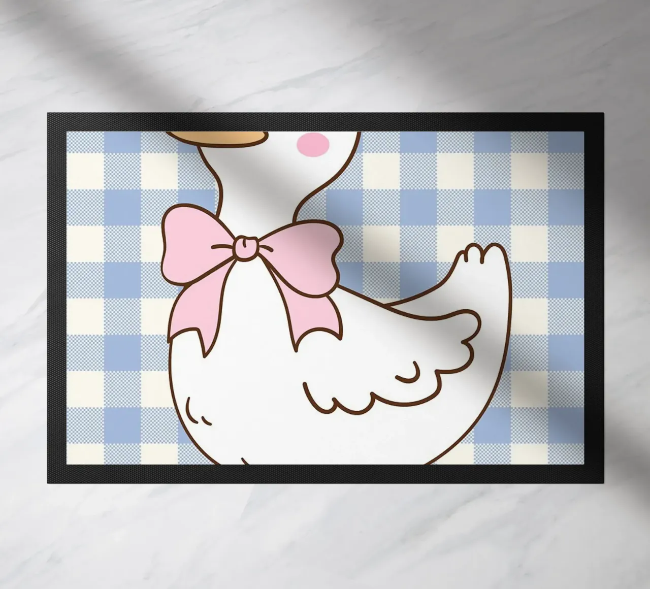 Simpática ilustración de un pato con botas y lazo felpudo de Tory