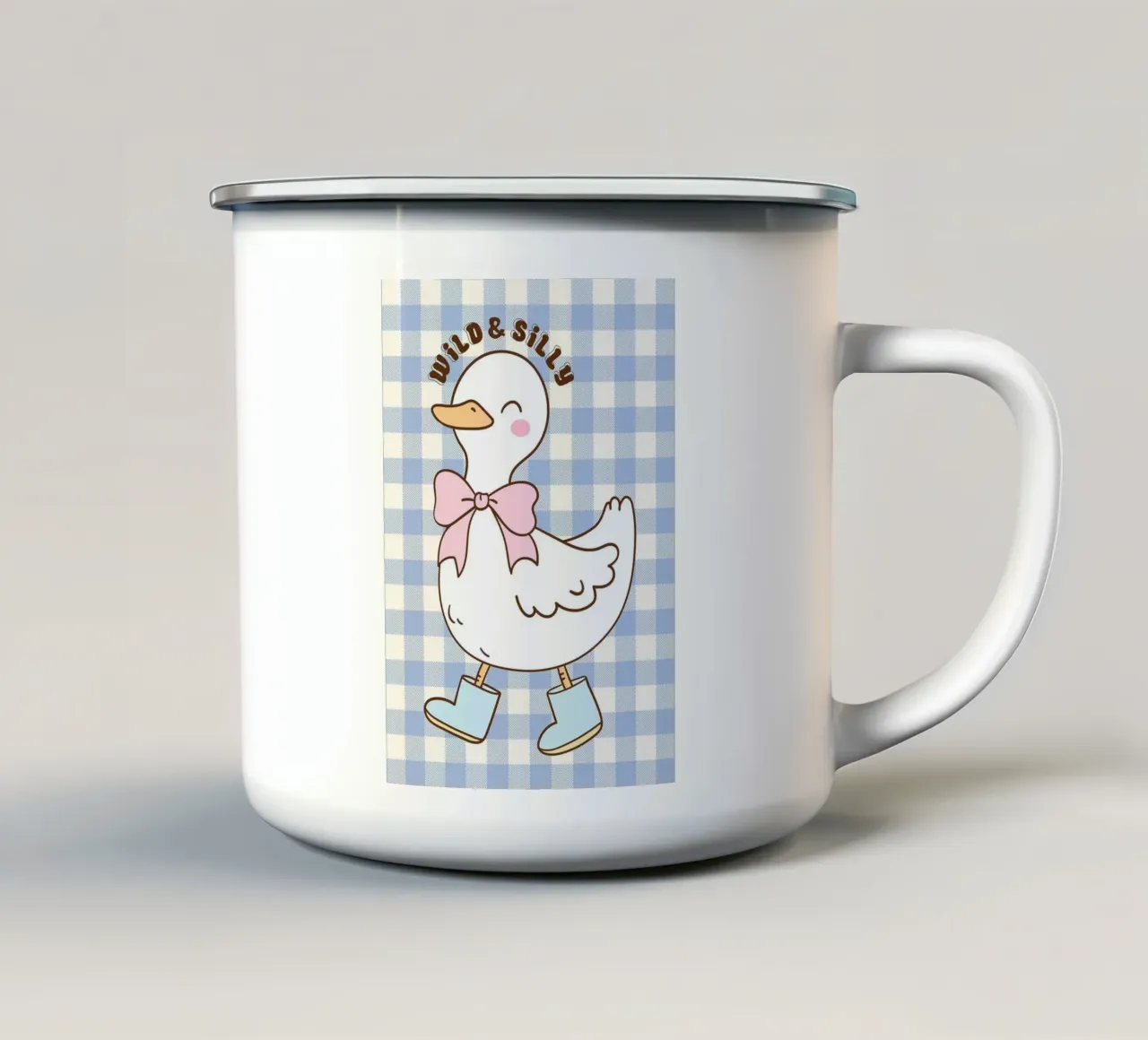 Illustrazione di un'anatra carina con stivali e fiocco tazza in smalto da Tory