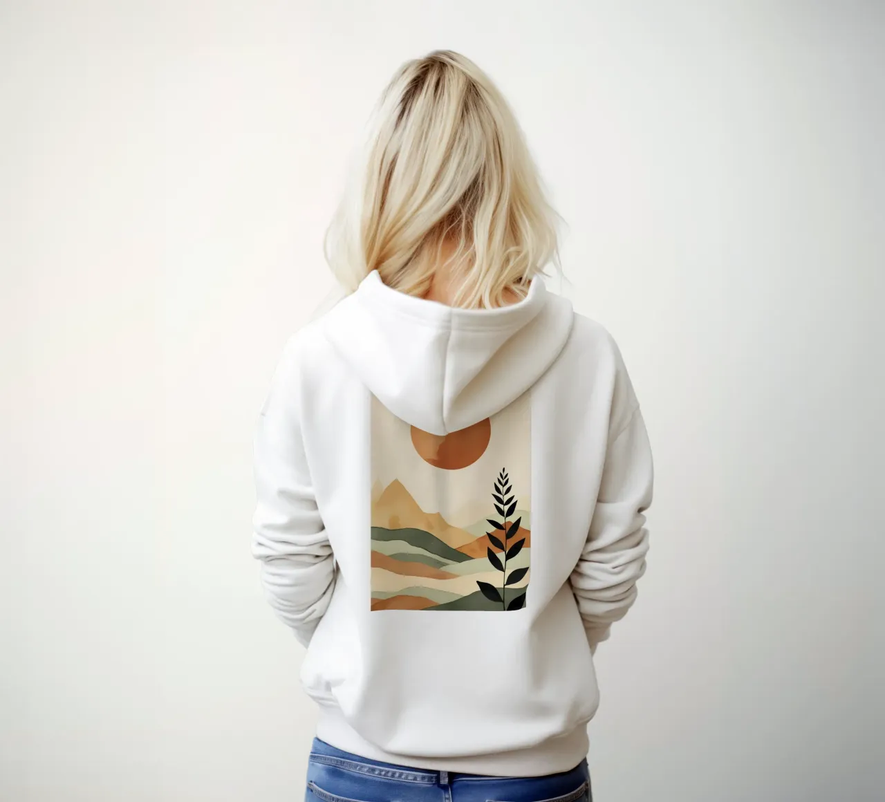 Paesaggio minimalista con sole e silhouette botanica felpa con cappuccio da Bloom And Brush