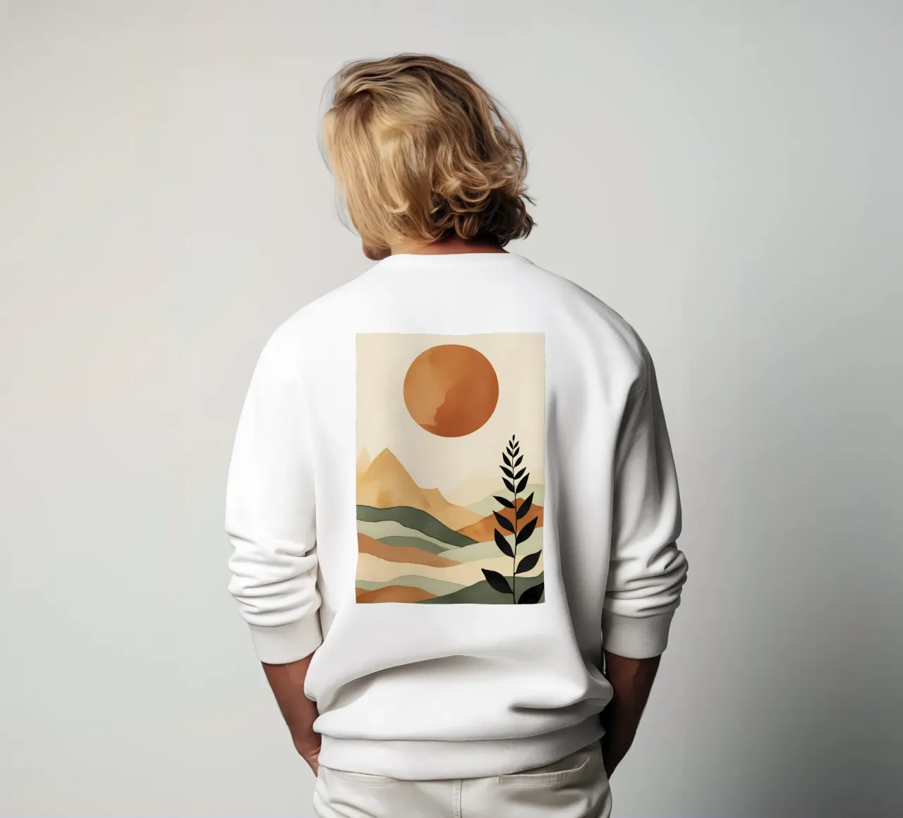 Paesaggio minimalista con sole e silhouette botanica felpa da Bloom And Brush