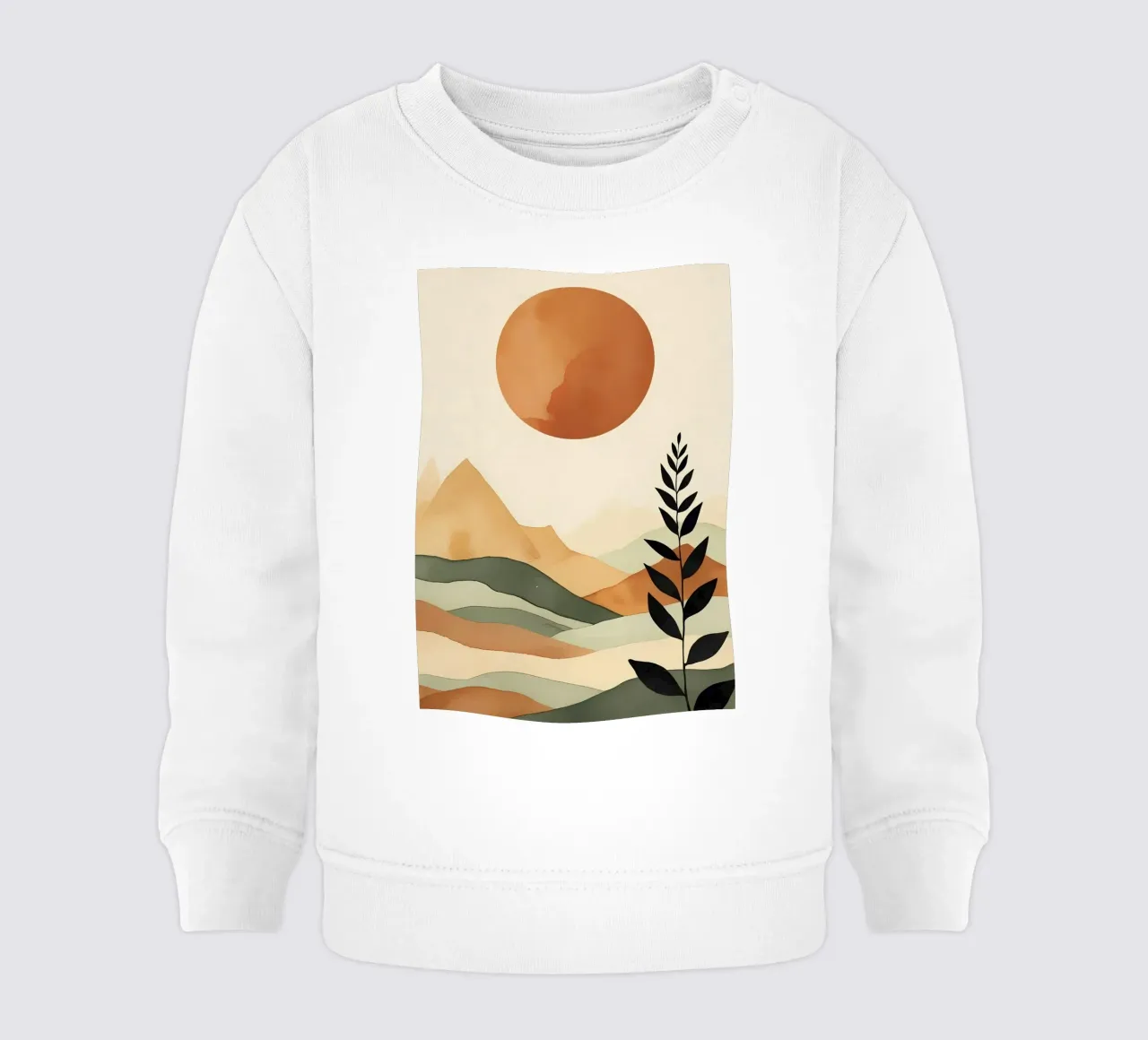 Paesaggio minimalista con sole e silhouette botanica felpa neonato da Bloom And Brush