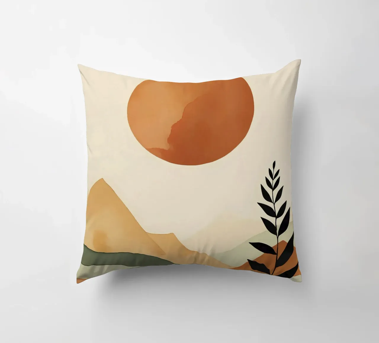 Paesaggio minimalista con sole e silhouette botanica cuscino da Bloom And Brush