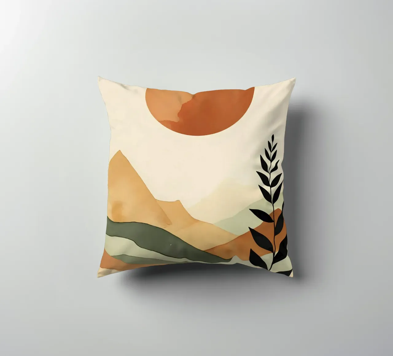 Paesaggio minimalista con sole e silhouette botanica cuscino da Bloom And Brush