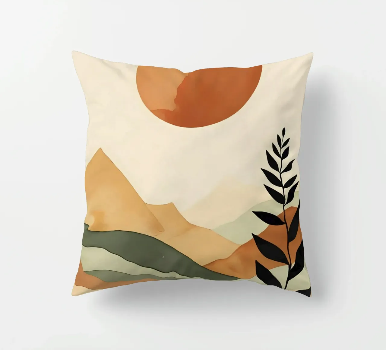Paesaggio minimalista con sole e silhouette botanica cuscino da Bloom And Brush
