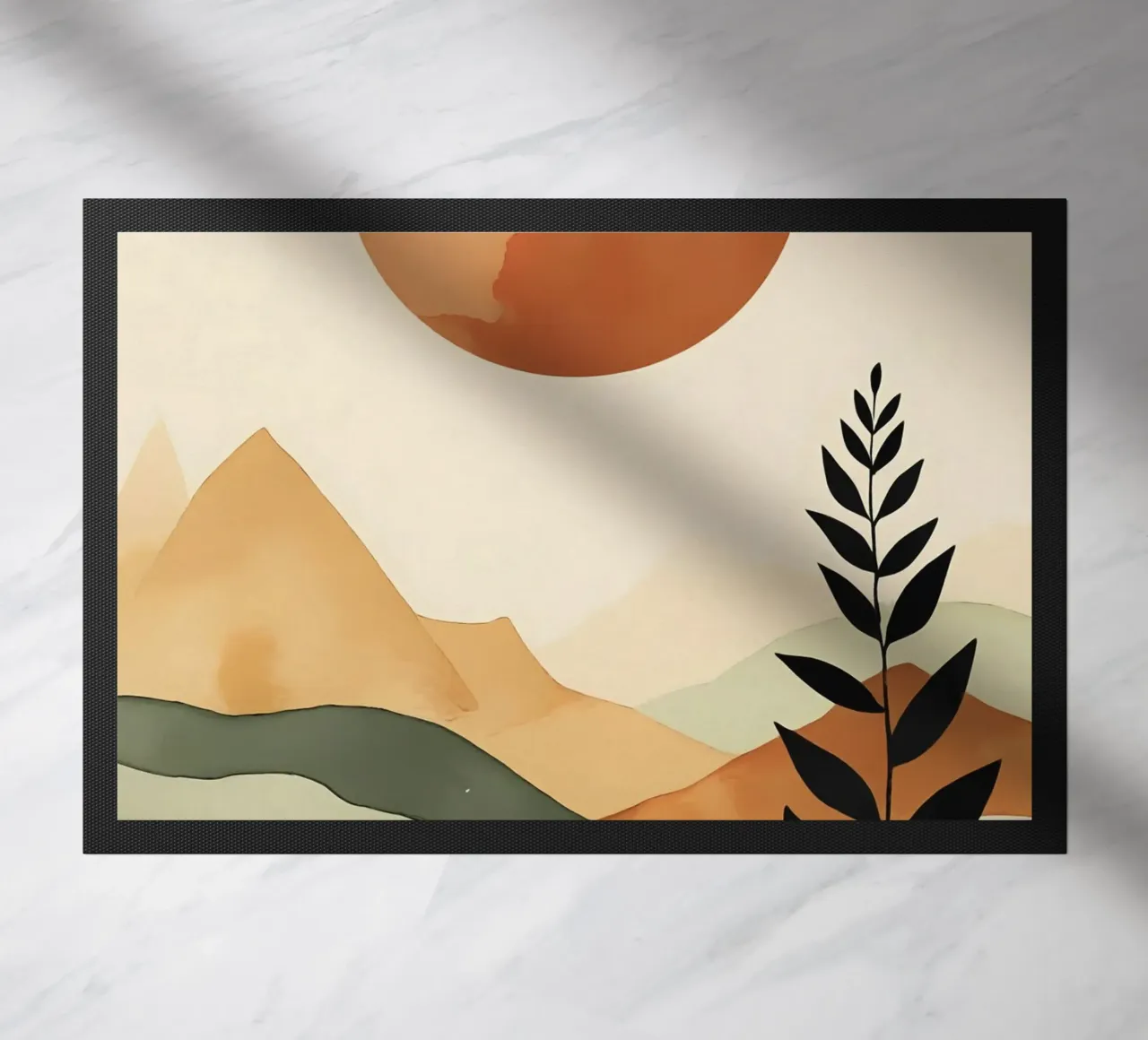 Paesaggio minimalista con sole e silhouette botanica zerbino da Bloom And Brush