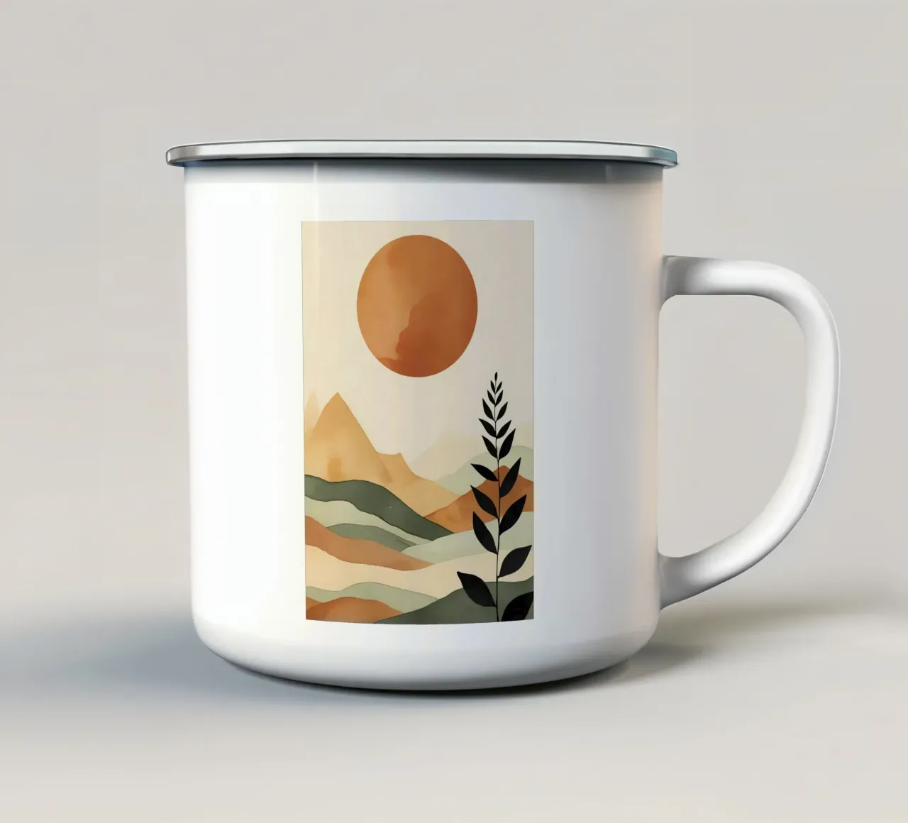Paesaggio minimalista con sole e silhouette botanica tazza in smalto da Bloom And Brush