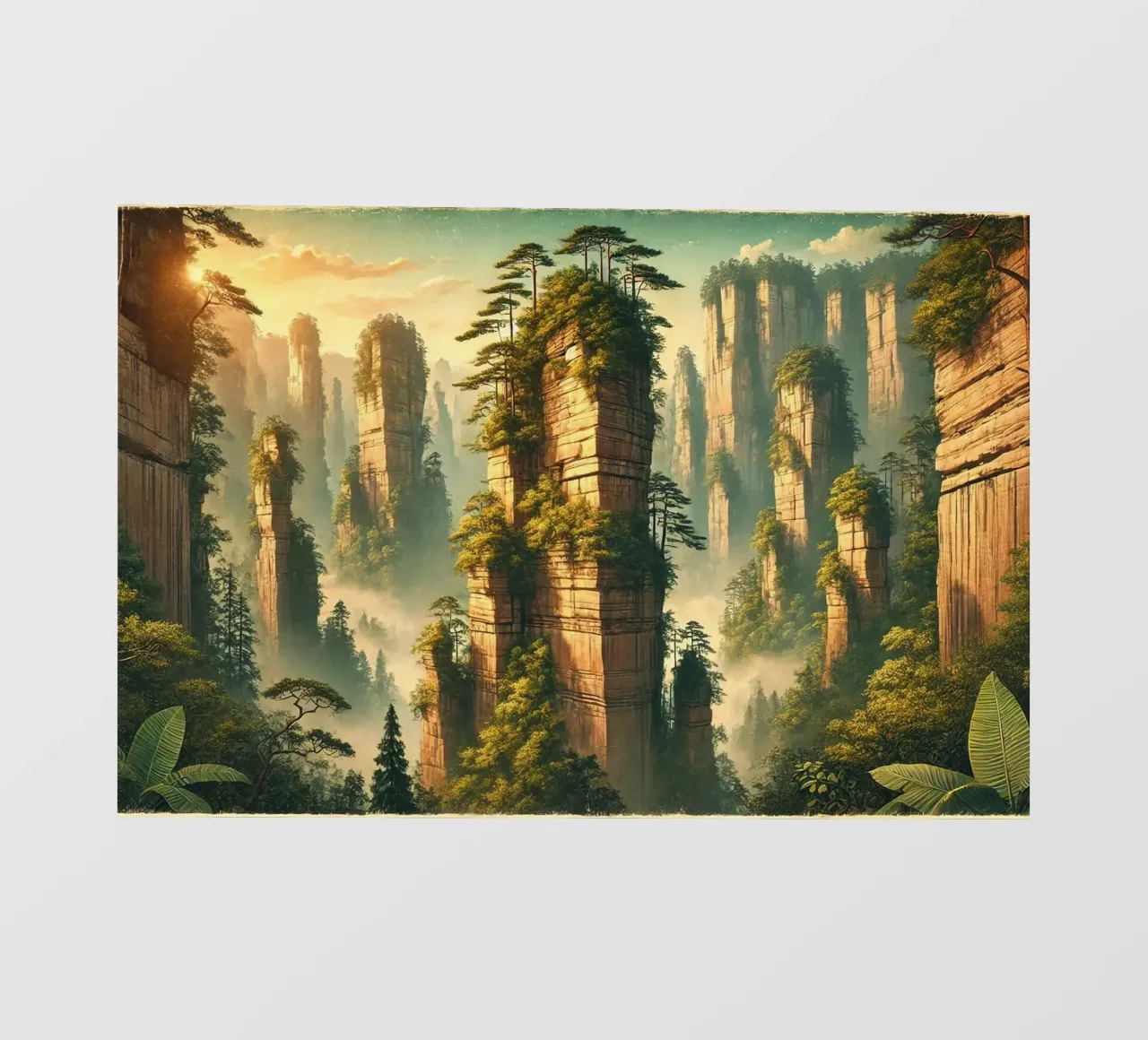 Poster d'epoca Cina, pilastri di pietra di Zhangjiajie telo in pvc da Wanderlust Vibes