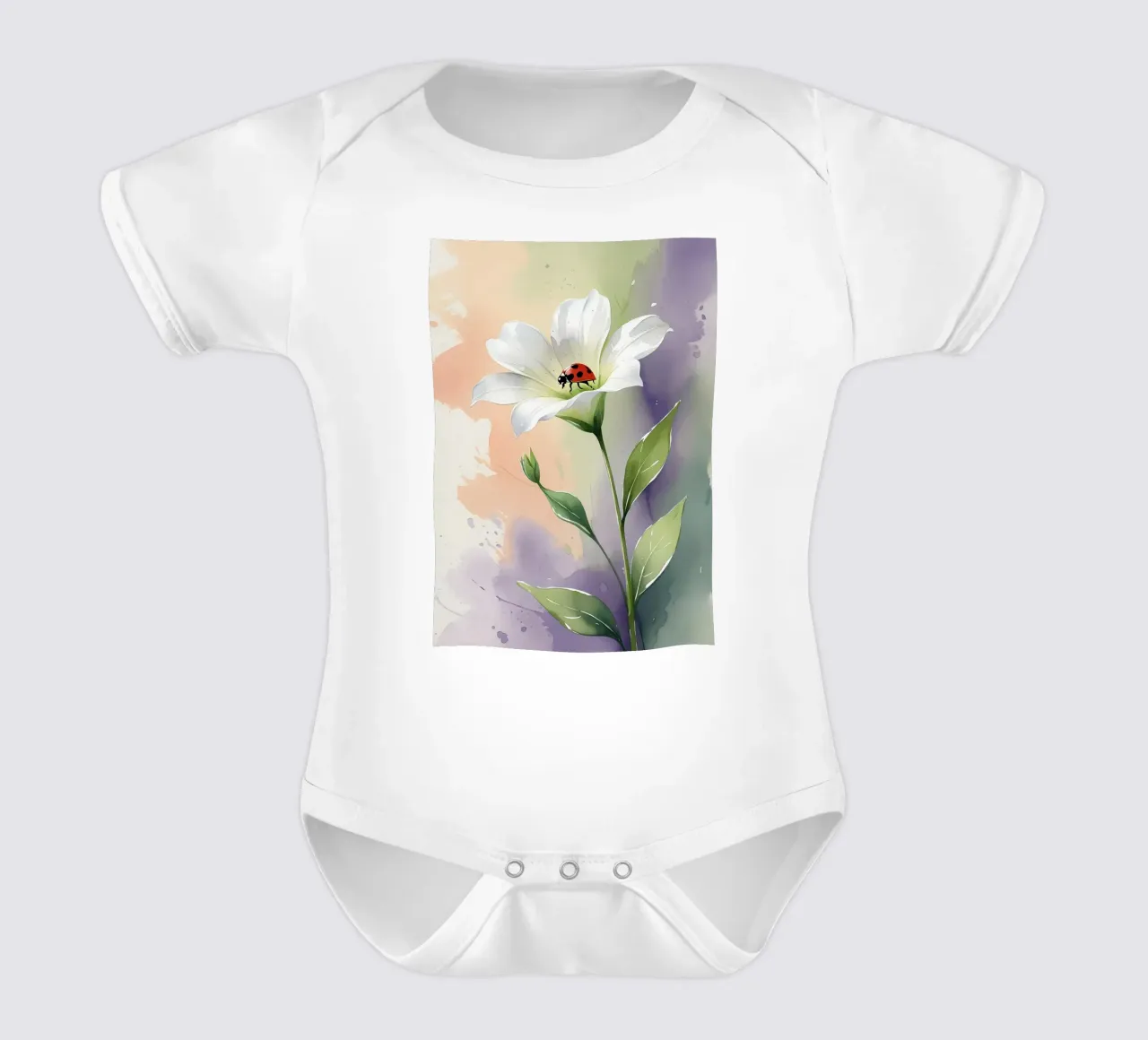 Giglio bianco con coccinella Poster acquerellato body neonato maniche corte da Bloom And Brush