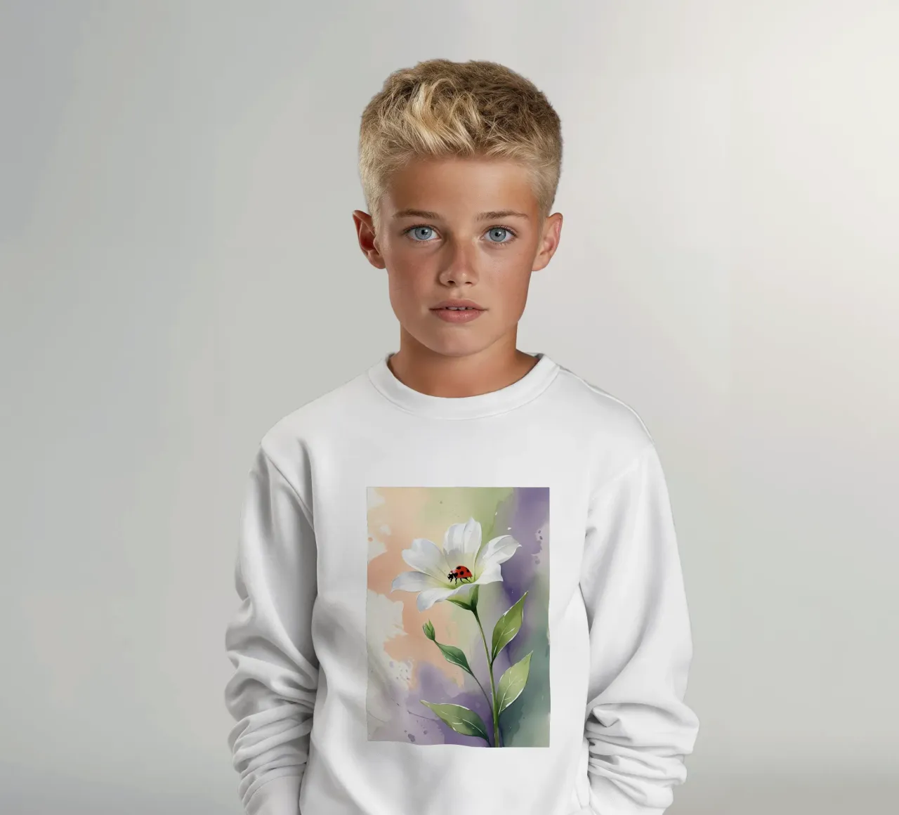Giglio bianco con coccinella Poster acquerellato felpa bambino da Bloom And Brush