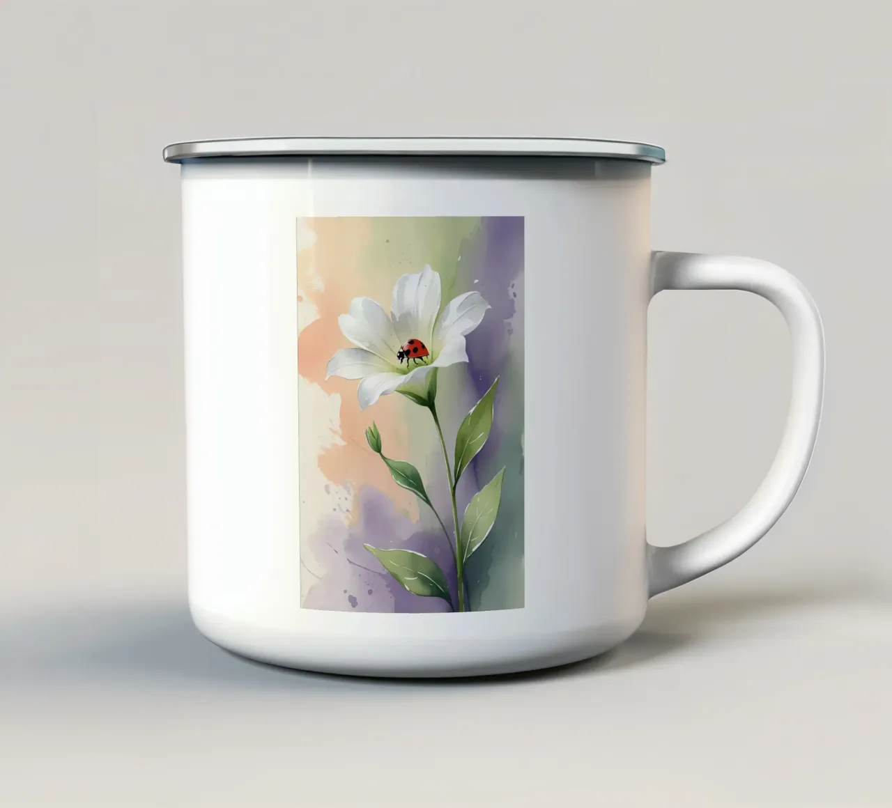 Giglio bianco con coccinella Poster acquerellato tazza in smalto da Bloom And Brush