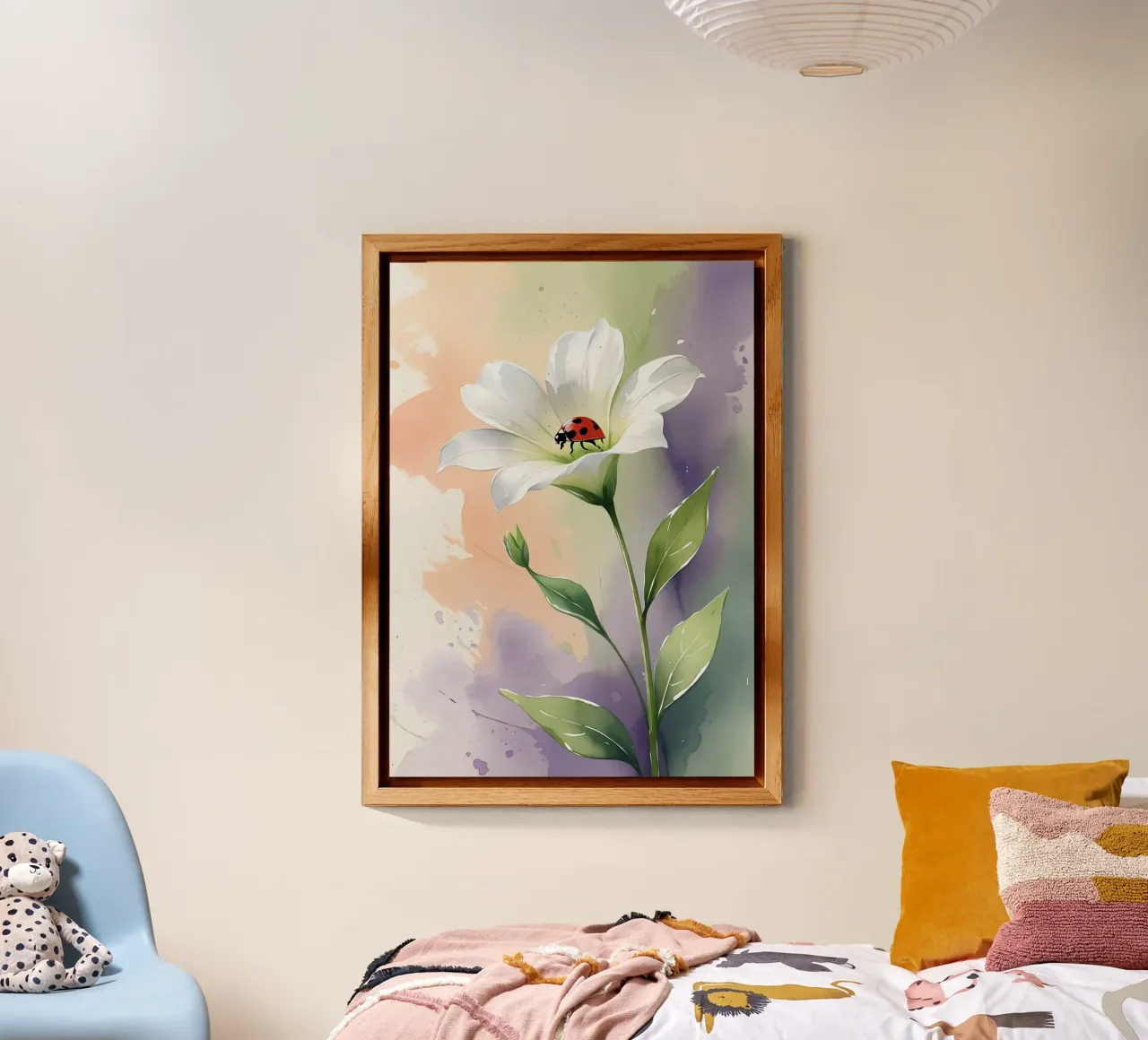 Giglio bianco con coccinella Poster acquerellato alluminio dibond da Bloom And Brush