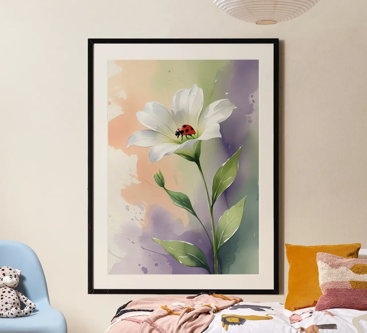 Giglio bianco con coccinella Poster acquerellato carta hahnemühle da Bloom And Brush