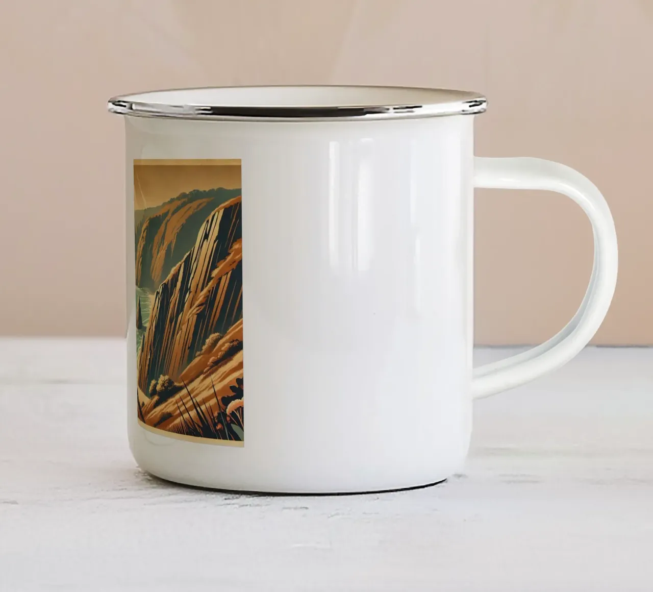 Poster vintage di Cliffside Serenity tazza in smalto da Wanderlust Vibes