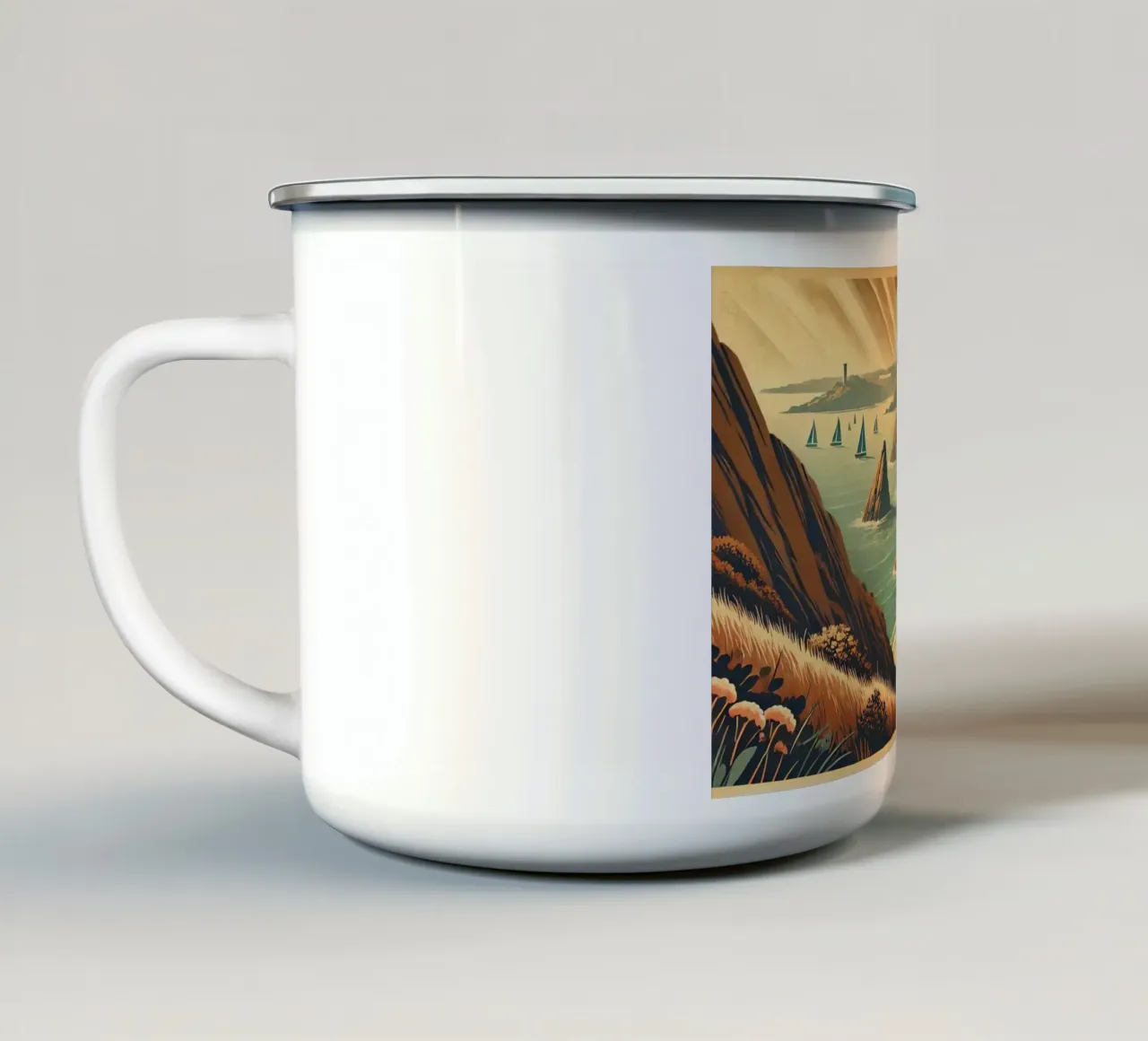 Poster vintage di Cliffside Serenity tazza in smalto da Wanderlust Vibes