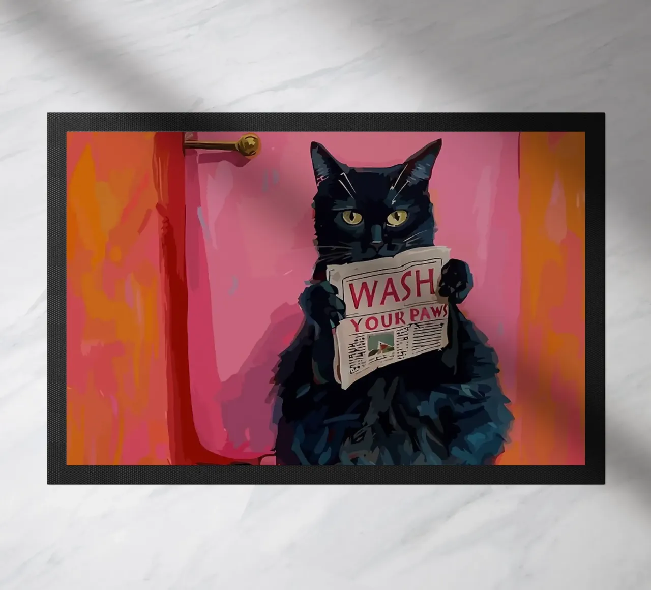 Gato en el retrete con un periódico felpudo de bazi