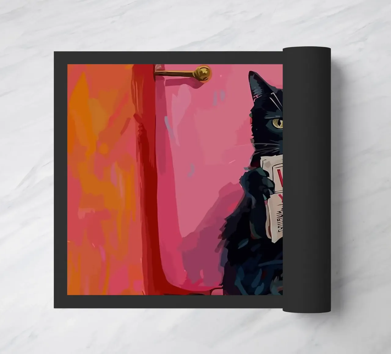 Gato en el retrete con un periódico felpudo de bazi