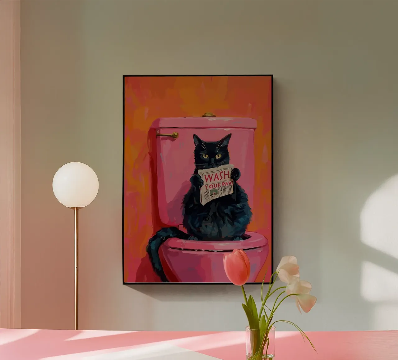 Gato en el retrete con un periódico metacrilato de bazi