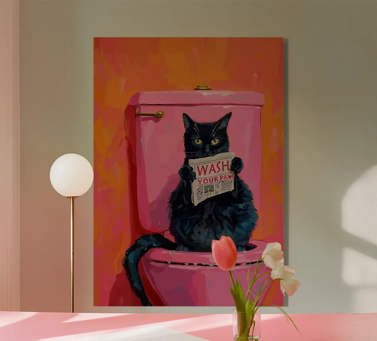 Gato en el retrete con un periódico metacrilato de bazi