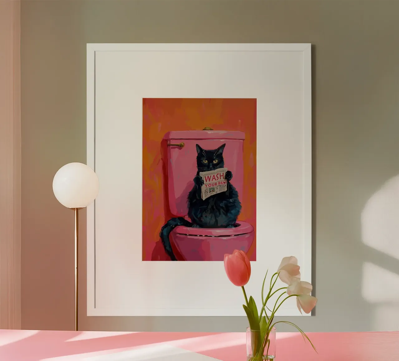 Cat on Toilet with Newspaper poster with aluminum frame by bazi