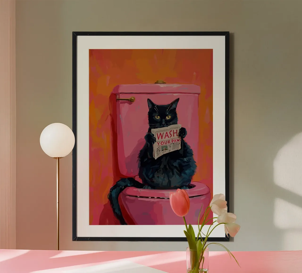 Cat on Toilet with Newspaper poster with aluminum frame by bazi