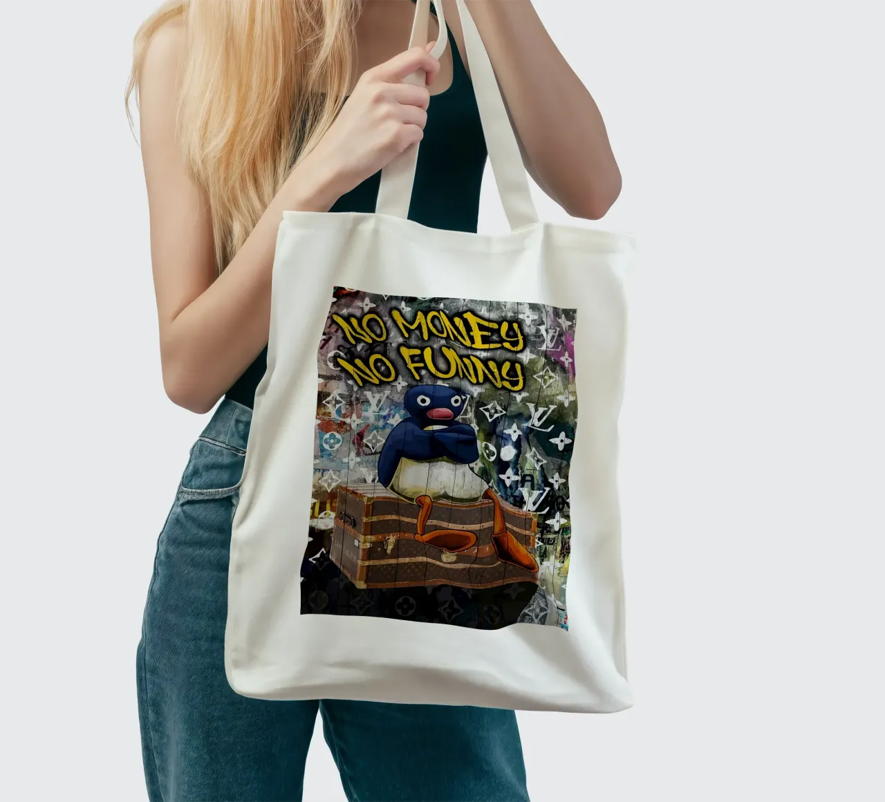 Pingu Niente soldi niente divertimento borsa in juta da bazi