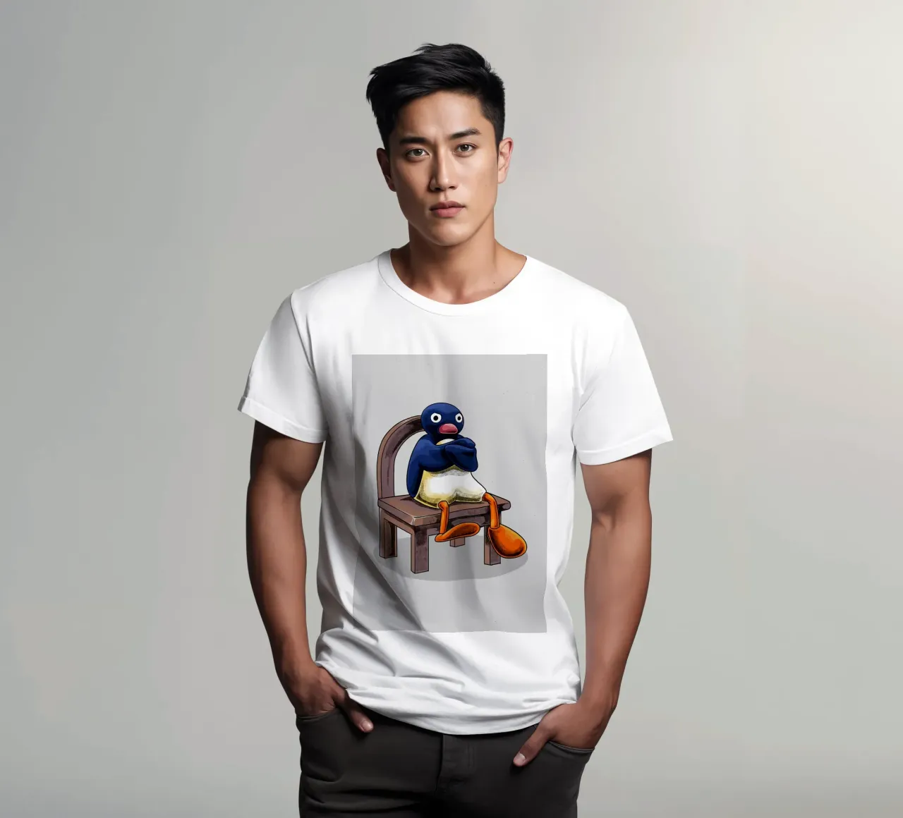 Pingu seduto sulla sedia t-shirt da bazi
