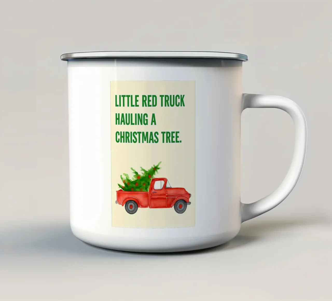 camioncino rosso che trasporta un albero di Natale tazza in smalto da Avocadoz