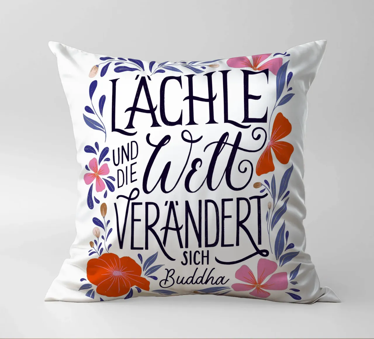 Smile and the world will change. A saying from Buddha decorative cushion by CalliLetters