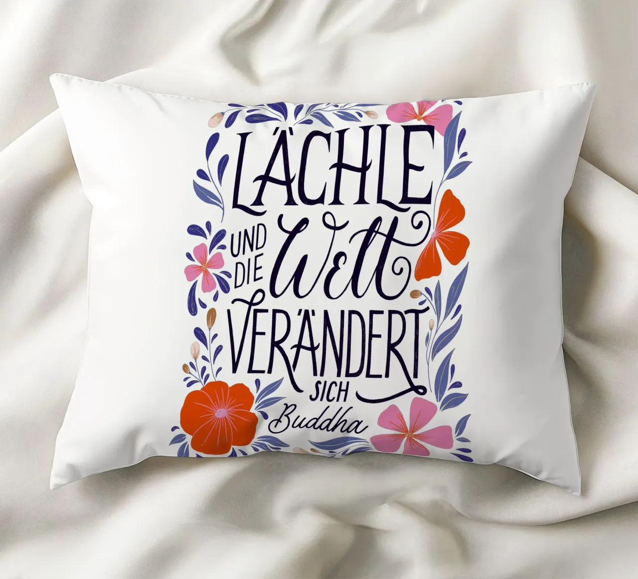 Smile and the world will change. A saying from Buddha decorative cushion by CalliLetters