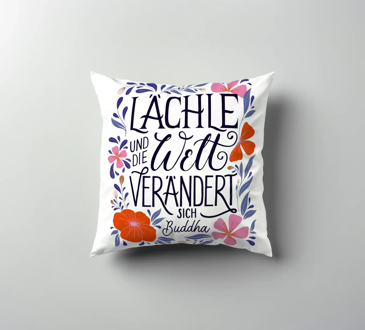 Smile and the world will change. A saying from Buddha decorative cushion by CalliLetters