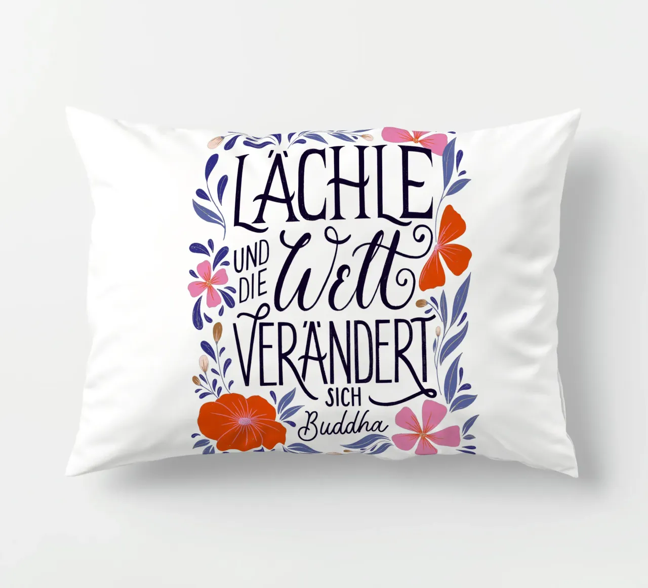 Smile and the world will change. A saying from Buddha decorative cushion by CalliLetters