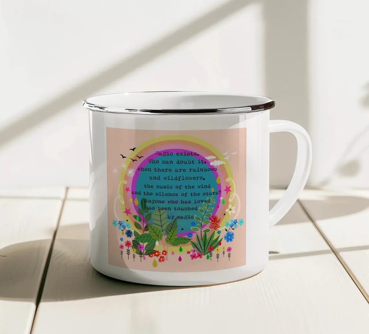 Citazione illustrata sulla magia tazza in smalto da Taika Tori Art
