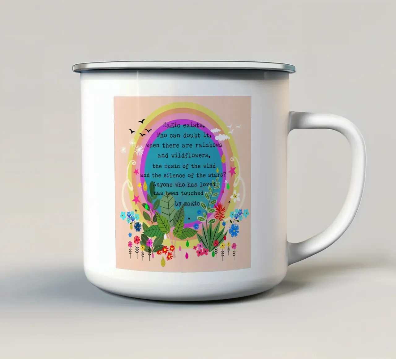 Citazione illustrata sulla magia tazza in smalto da Taika Tori Art