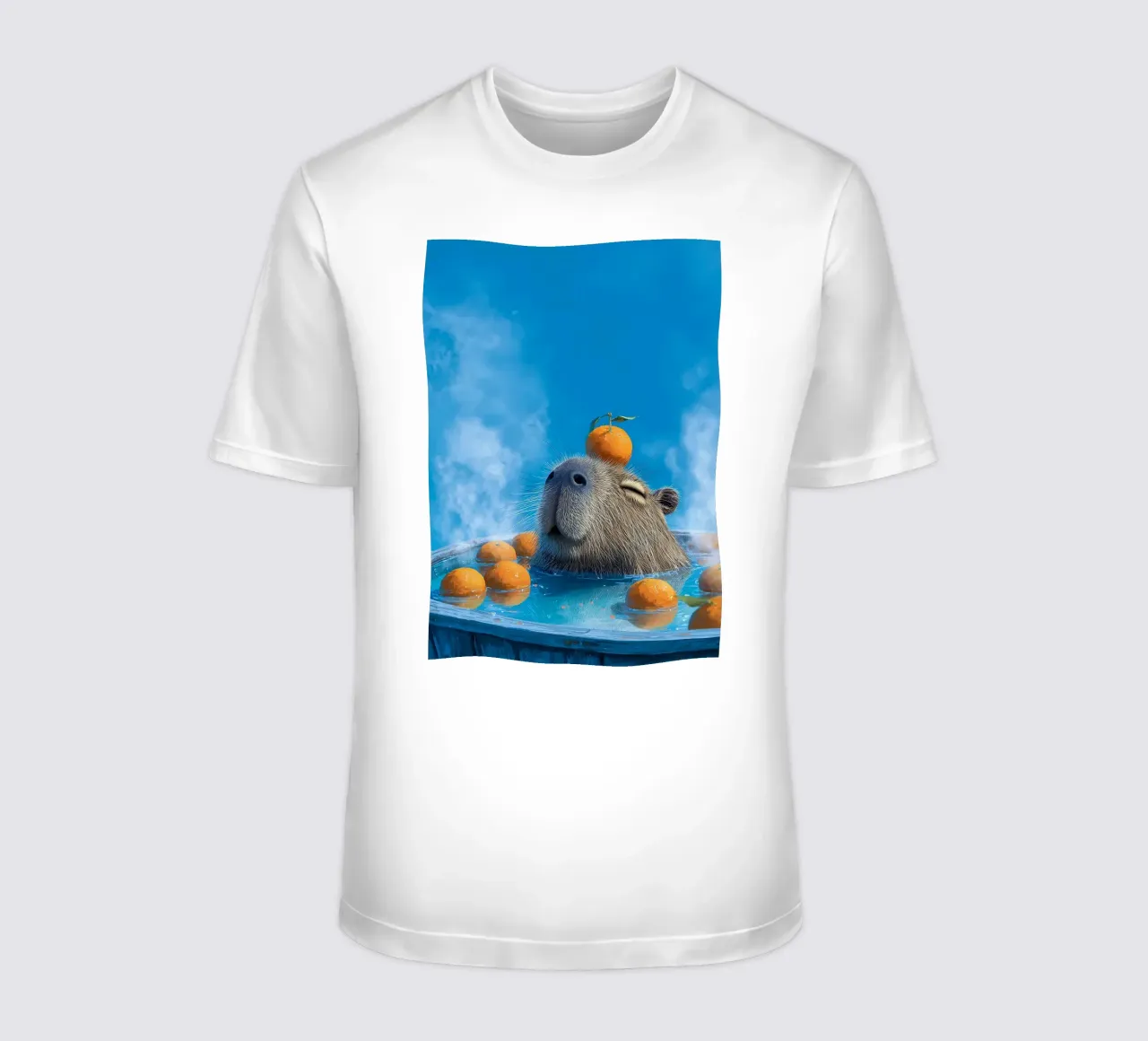 Capibara in vasca calda che nuota con le arance t-shirt da kakaka